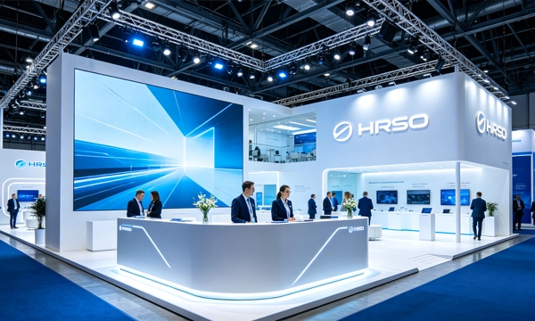 LED-Empfangstisch-Display am Messestand mit lebendigen Produktpräsentationen