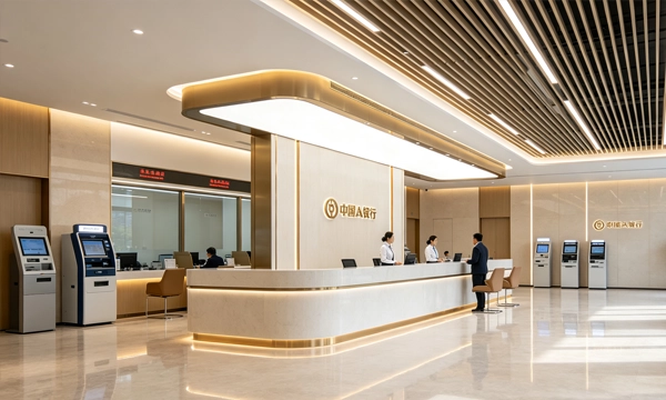 LED-Service-Counter-Display in der Banklobby mit Warteschlangen- und Produktinformationen