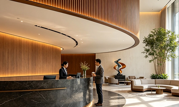 LED-Empfangstisch-Display im Luxushotel-Lobby für VIP-Willkommensnachrichten