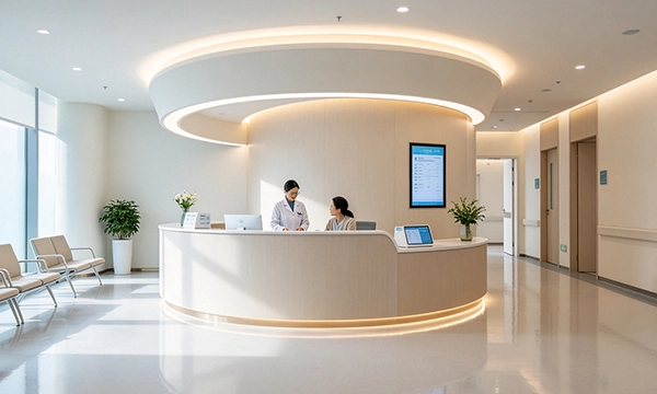 LED-Display am Krankenhaus-Empfang mit Gesundheitshinweisen und Warteschlangeninfo