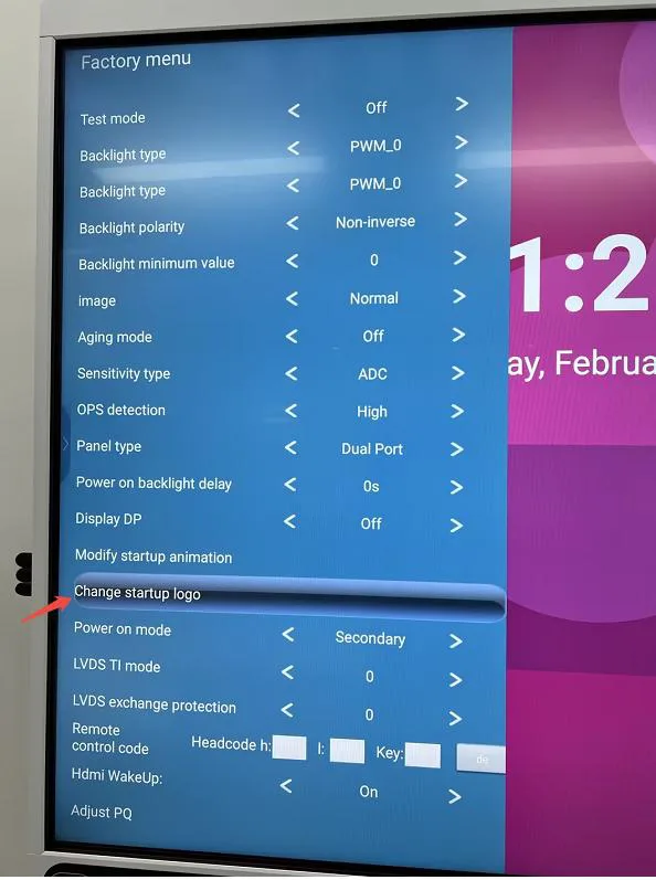 Startup logo menu in service mode