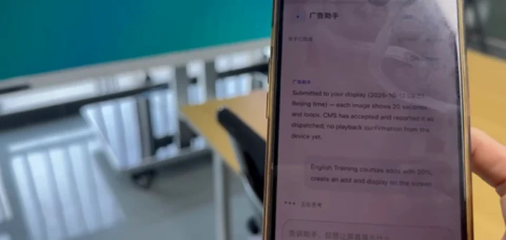 Chat message reporting the ad as dispatched with no playback confirmation from the device yet