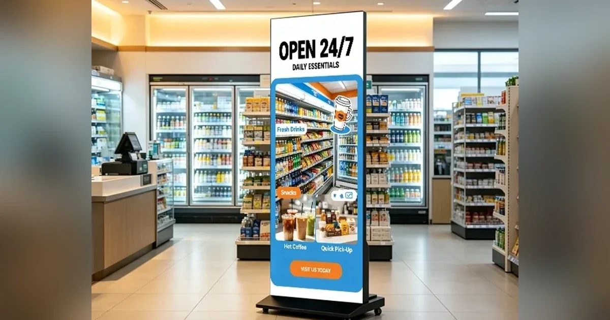 Freestanding COB LED poster display in a retail store showing a 24/7 promotion