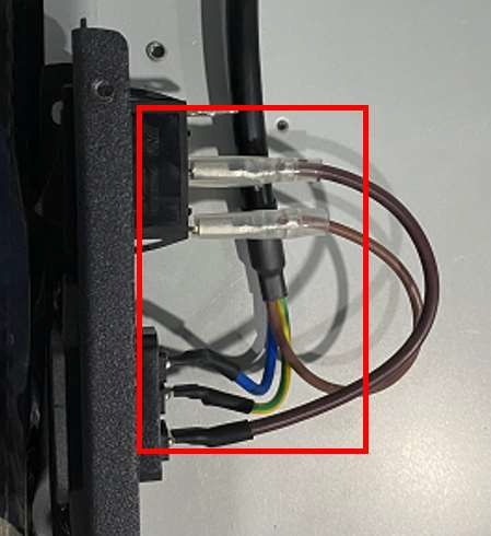 Power cables wrapped with acetate tape — re-wrap them on re-assembly.