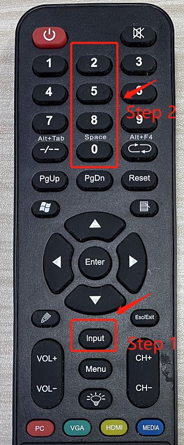 On-screen sequence used to reach the factory menu (remote INPUT → 2580).