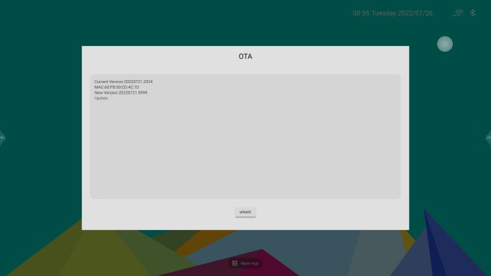 OTA firmware update — tapping UPDATE on the panel to download the install package.