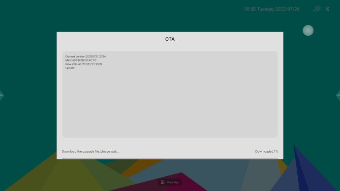 OTA firmware update — download progress running towards 100%.