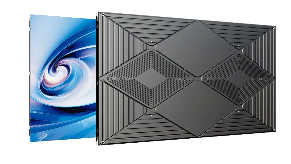 Rear chassis of the 55-inch COB LED display unit showing VESA 600x400mm fixings and corner mounts