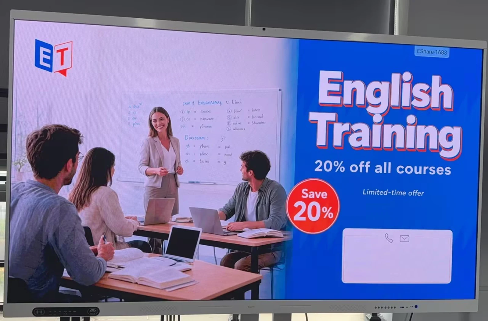 AI Advertising Assistant generating an English training promotion on a commercial display from a chat prompt