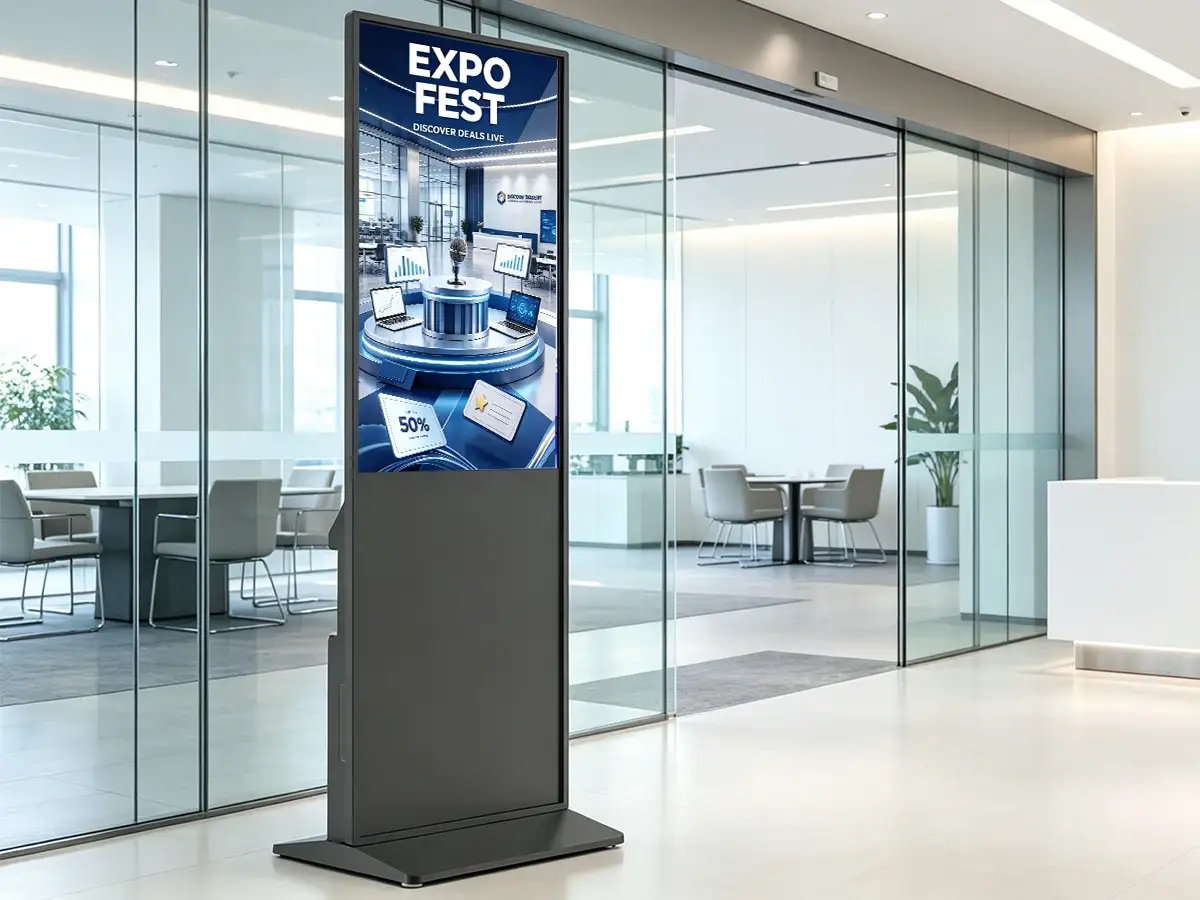 Digital signage kiosk in modern bank lobby with Expo Fest ad
