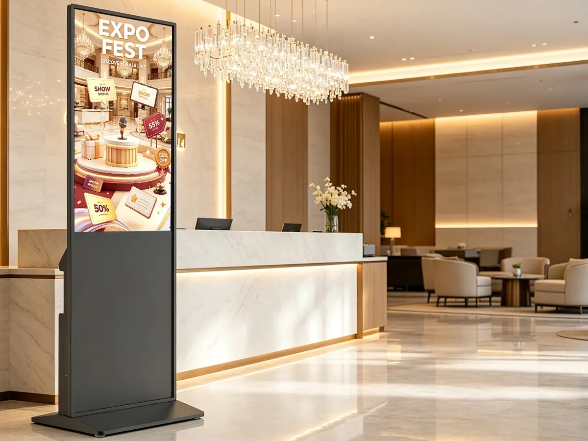 Digital signage kiosk in luxury hotel reception lobby