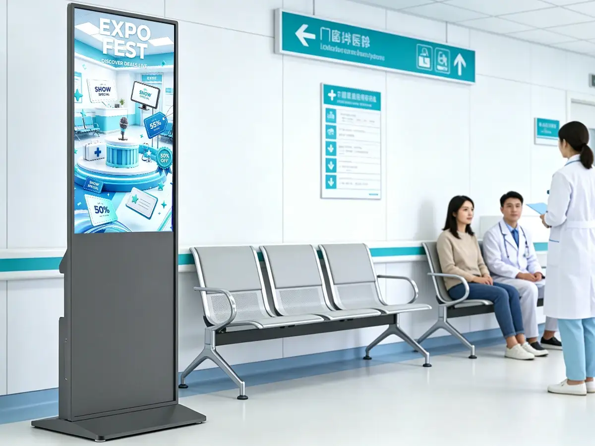 Digital signage kiosk in hospital corridor near laboratory
