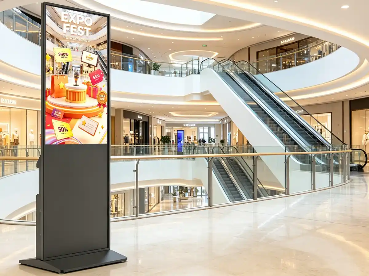Digital signage kiosk in shopping mall displaying Expo Fest promotional ad
