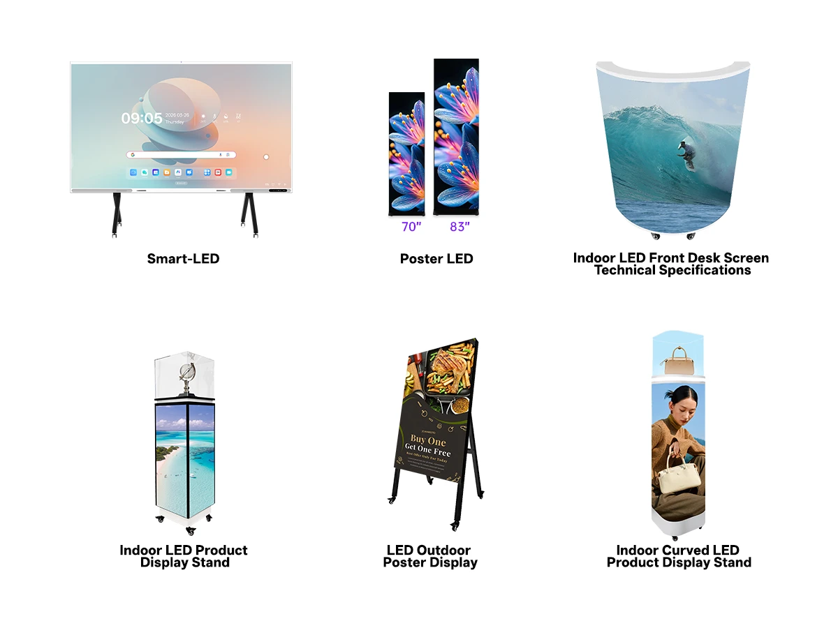 Riotouch LED Display Product Line - COB All-in-One, Curved Display, Poster, Front Desk, Outdoor, and Product Stand