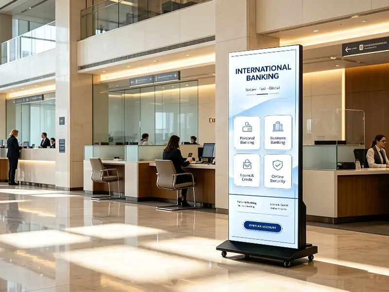 LED poster in bank lobby showing financial services