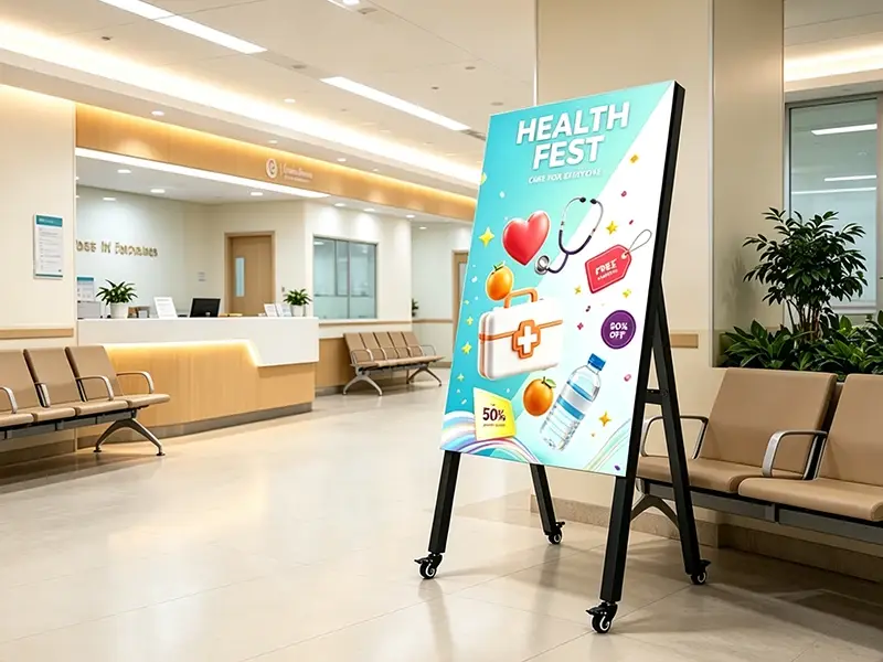 LED digital information poster display in hospital lobby waiting area