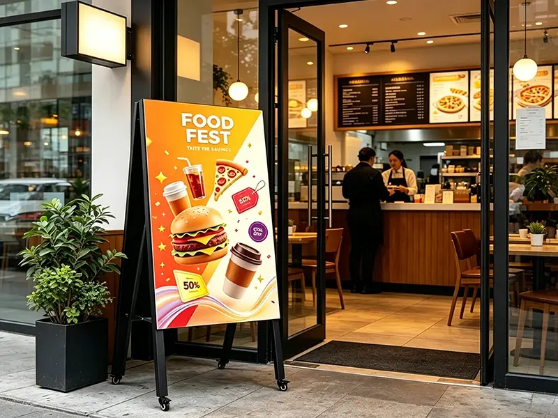 LED outdoor digital menu board at restaurant entrance displaying daily specials