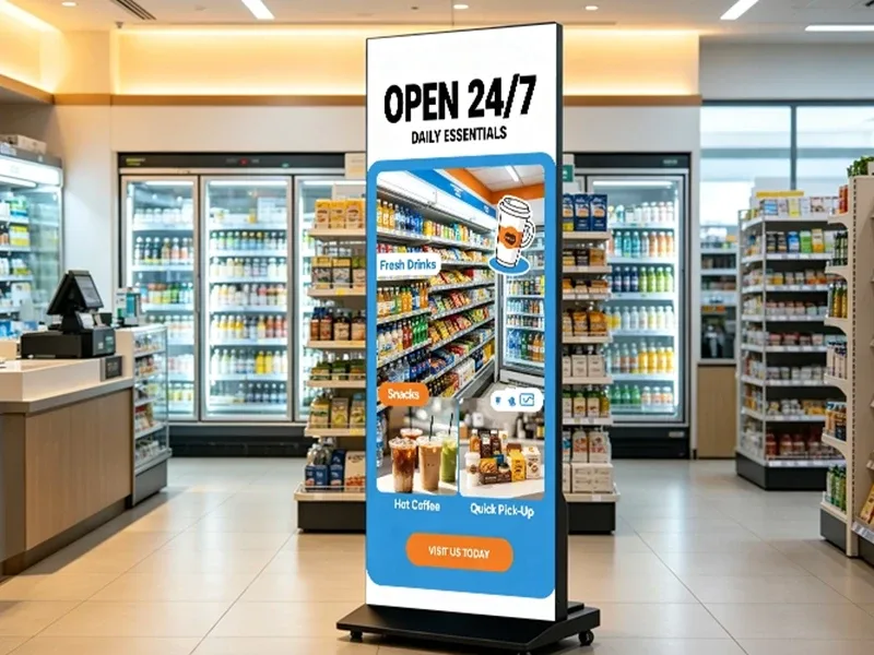 LED poster display in retail store showing promotions