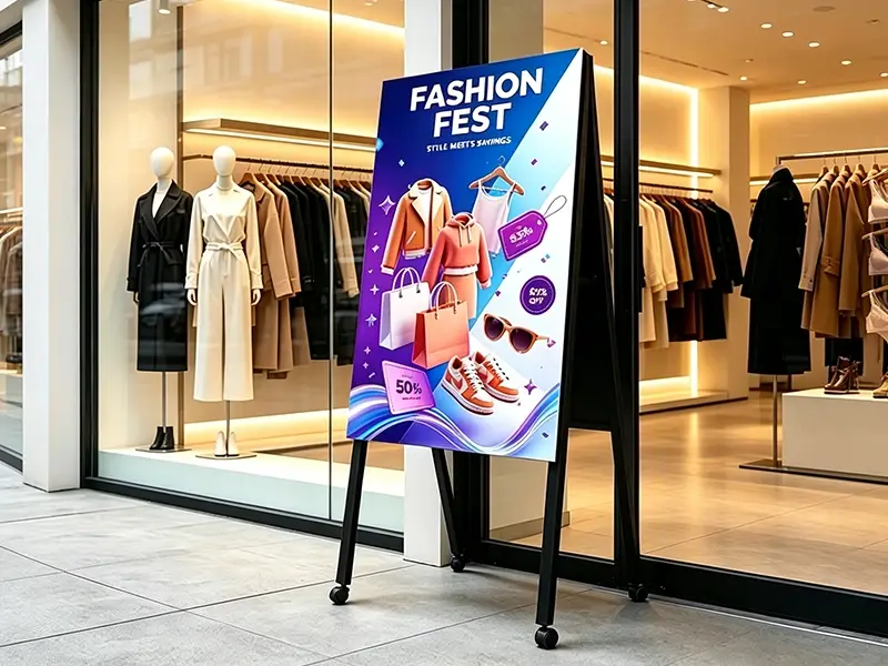 LED outdoor poster display in retail clothing store window showing sale promotion