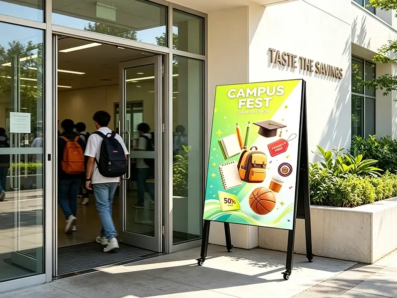 LED outdoor digital notice board at school campus entrance showing announcements