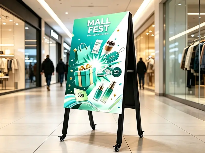 LED outdoor digital signage display in shopping mall atrium for brand advertising