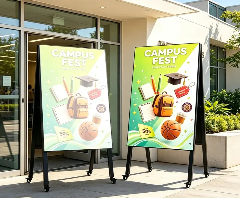 LED poster display visible under direct sunlight comparison showing 5500cd outdoor readability