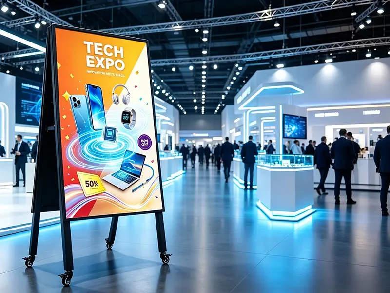 LED outdoor portable digital poster display at trade show exhibition booth