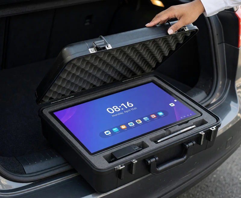 TeacherDoc panel, stand and battery pack packed in the padded carry case inside a car boot