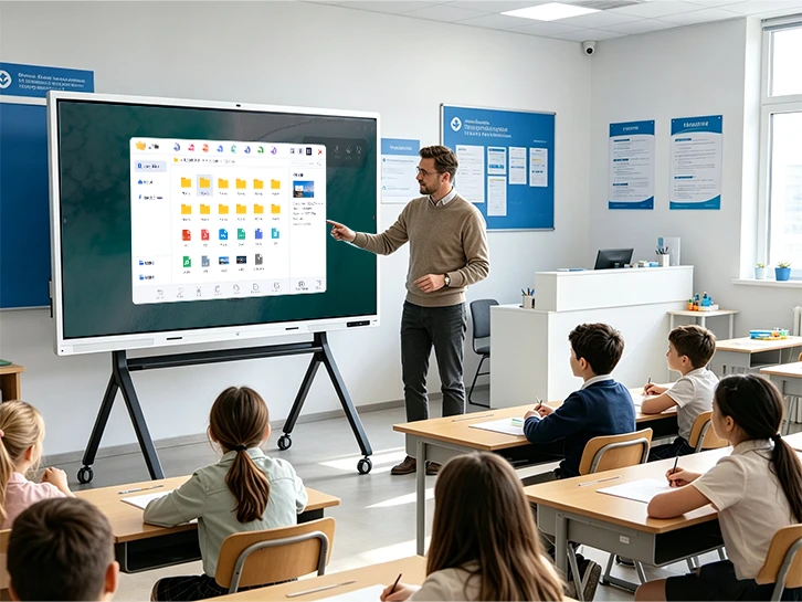 K-12 classroom using UFile — teacher at Riotouch interactive display with students