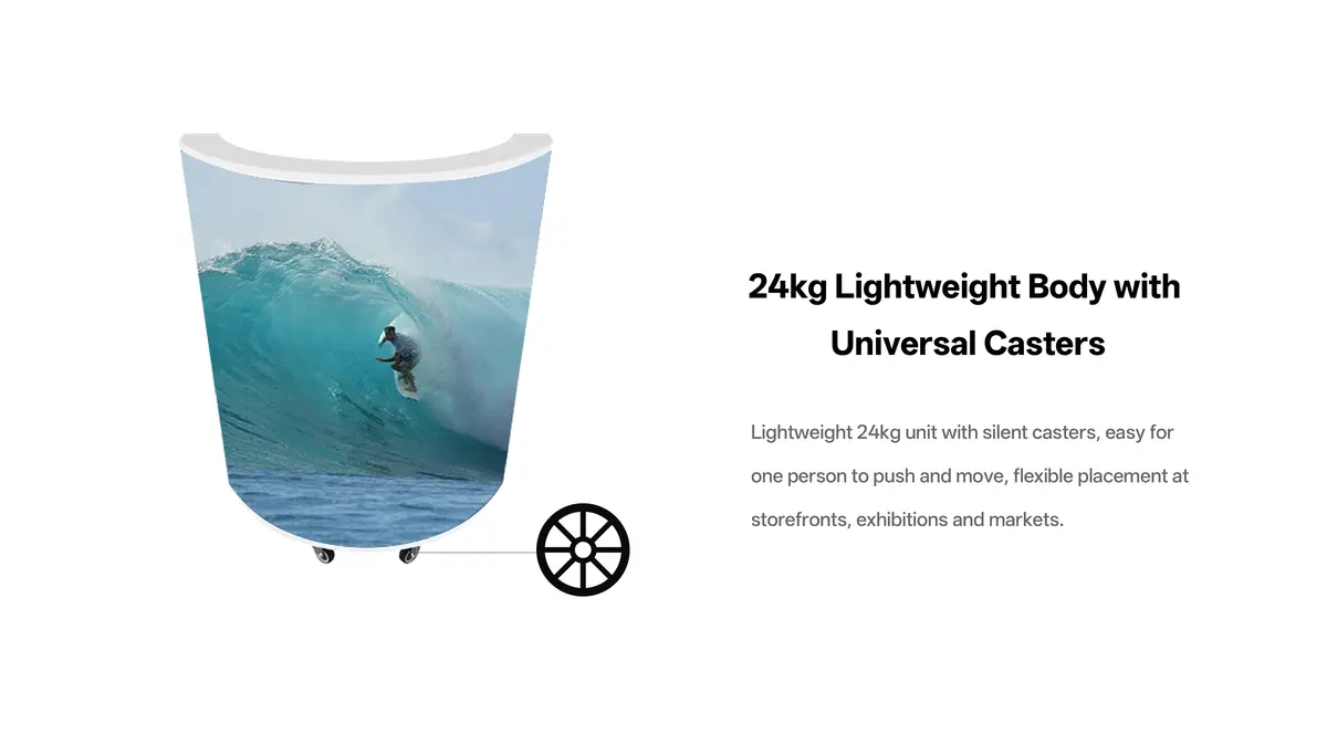 47.5kg semi-circular LED front desk display 1058x500x1115mm with silent casters for hotel reception