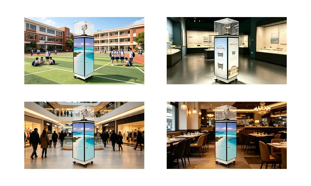 LED display stand in school, museum, shopping mall, and restaurant settings