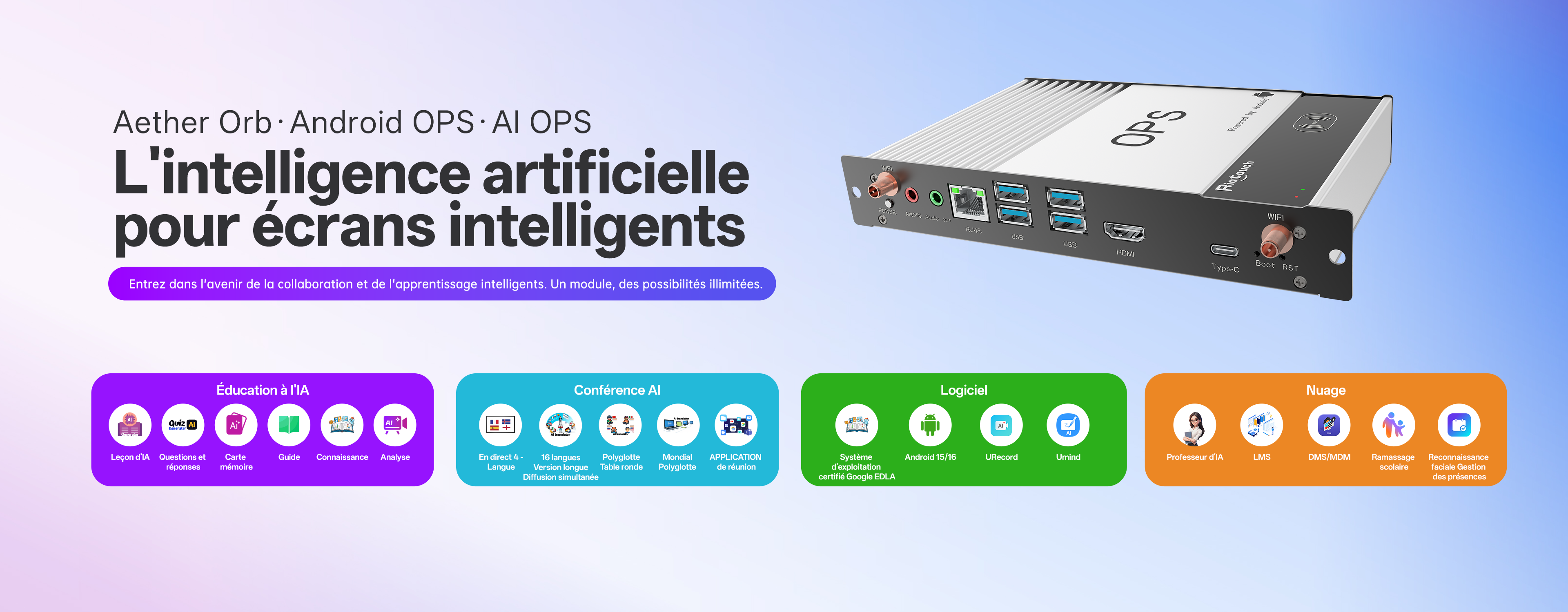 AI OPS : DMS/LMS/Pr&eacute;sence, tableau intelligent innovant &agrave; faible co&ucirc;t, ressources p&eacute;dagogiques gratuites, pr&eacute;paration pr&eacute;alable et pendant les cours, tableau blanc interactif AI Box