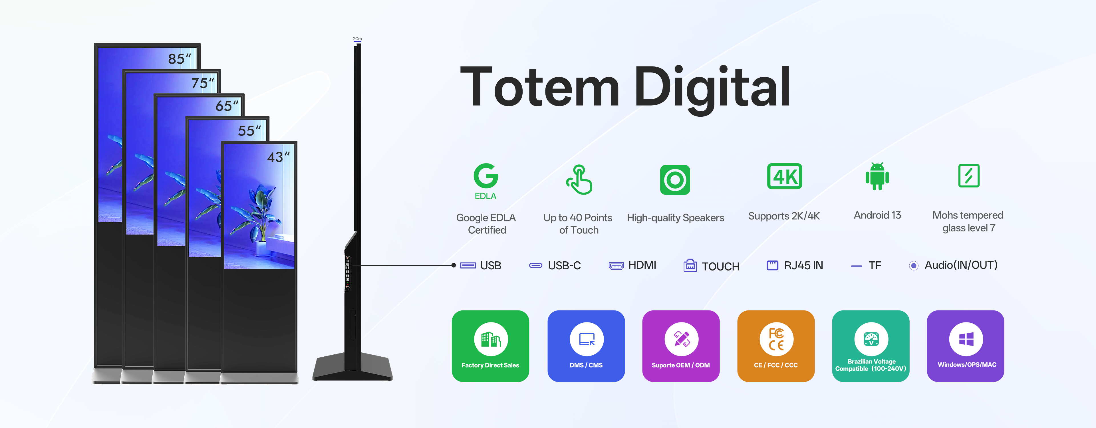 T&oacute;tem Digital Vertical 43"55"65"75"85" con Android, WiFi, Bluetooth, Touch y Pantalla Full HD de 450 Nits
