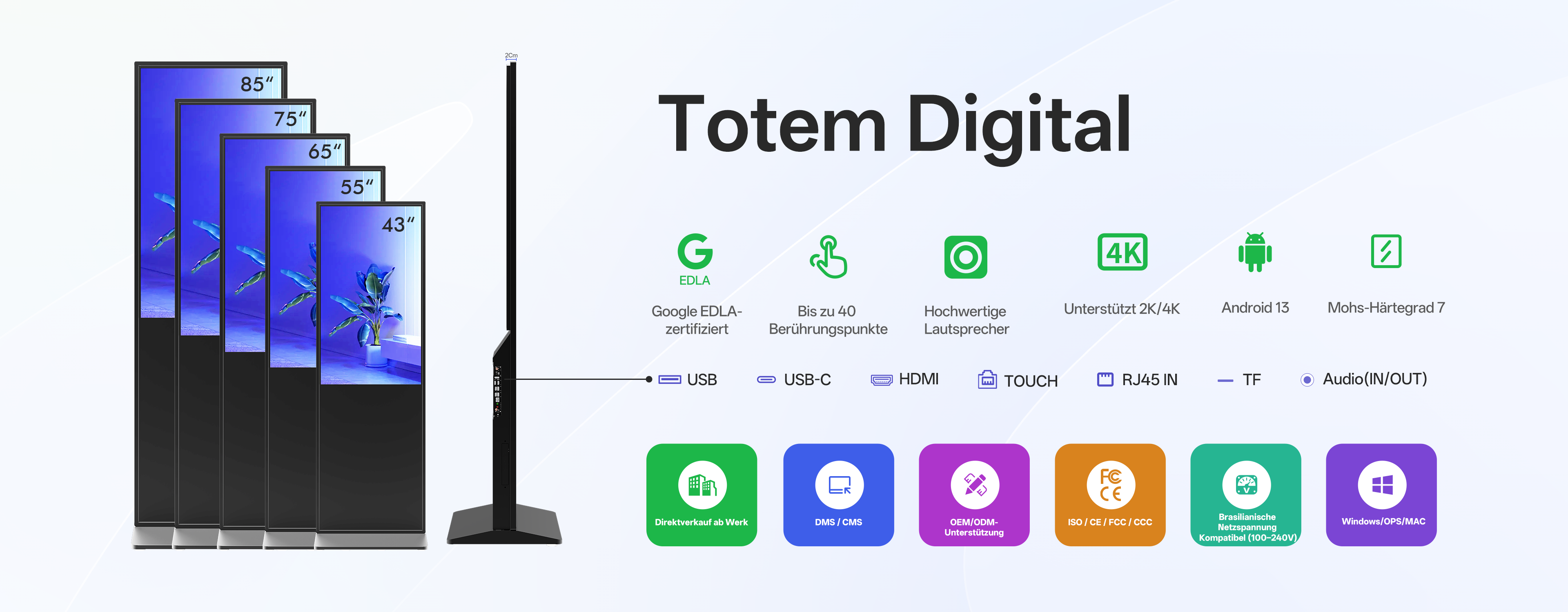 Digitaler Vertical 43"55"65"75"85" mit Android, WiFi, Bluetooth, Touch und Full-HD-Bildschirm mit 450 Nits