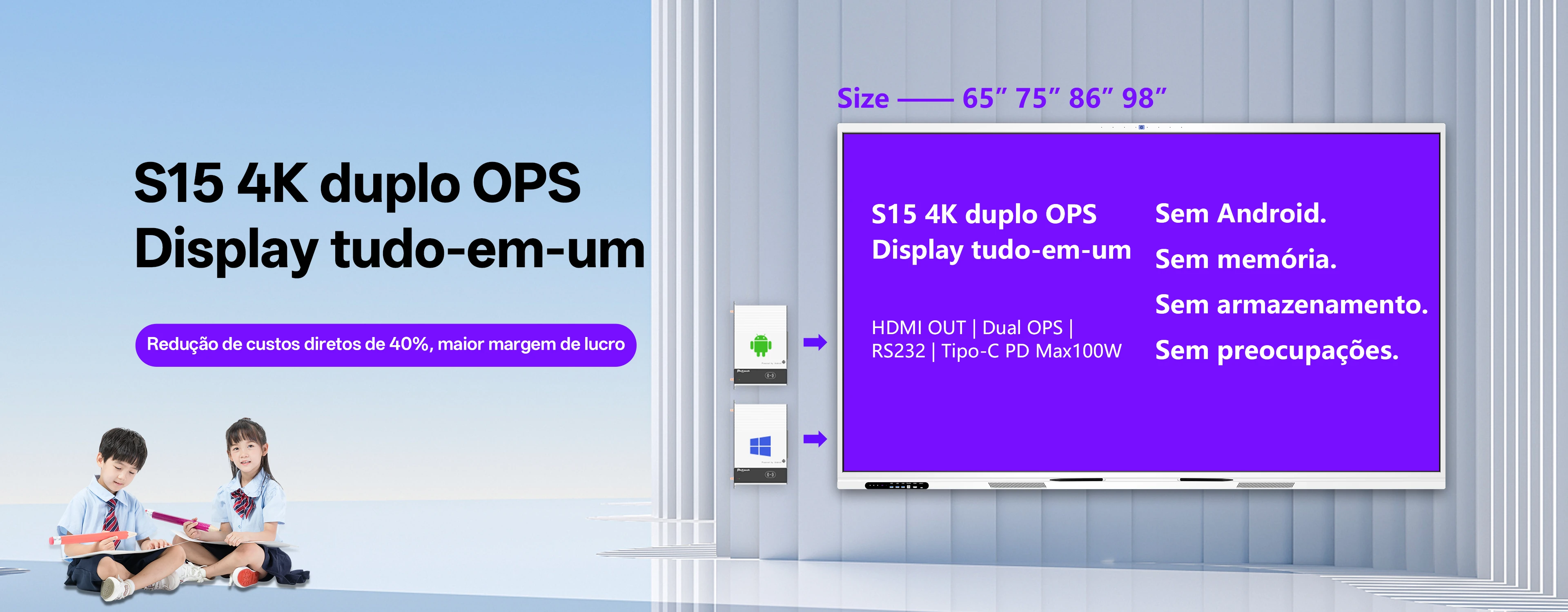 S15 4K Dual OPS All-in-One: tela plana interativa com vista frontal, dois slots OPS e portas Type-C.