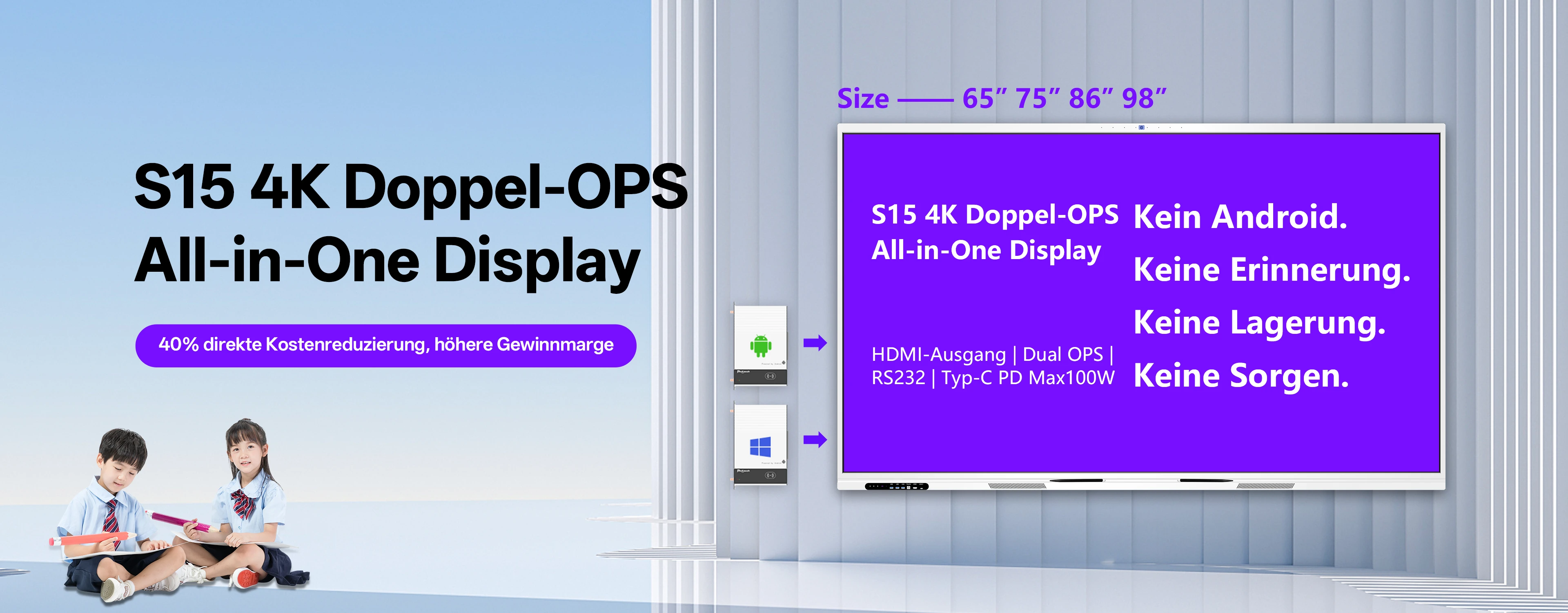 S15 4K Dual OPS All-in-One interaktives Flatpanel &ndash; Vorderansicht mit zwei OPS-Steckpl&auml;tzen und Typ-C-Anschl&uuml;ssen