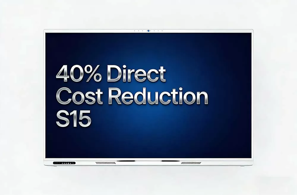 従来のオールインワンディスプレイと比較した、S15インタラクティブホワイトボードの40%のコスト削減を示す図
