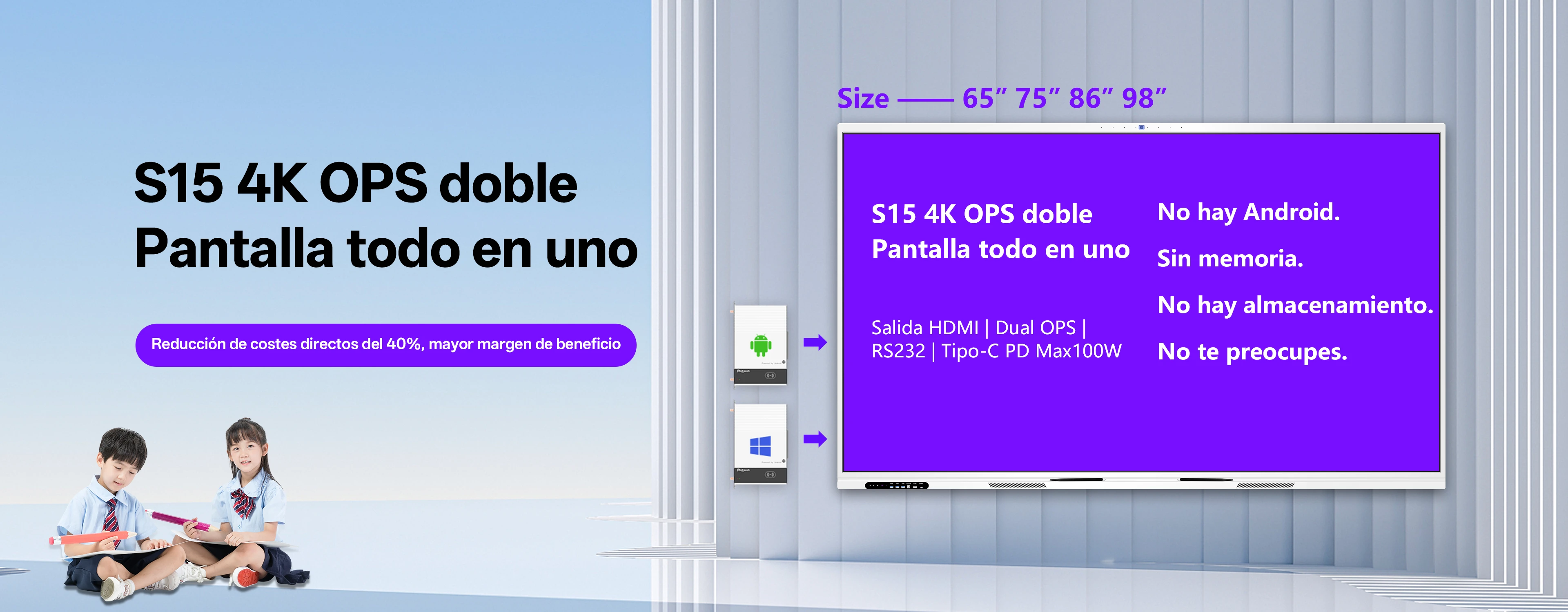 Pannello piatto interattivo All-in-One S15 4K Dual OPS &ndash; Vista frontale con doppi slot OPS e porte Type-C