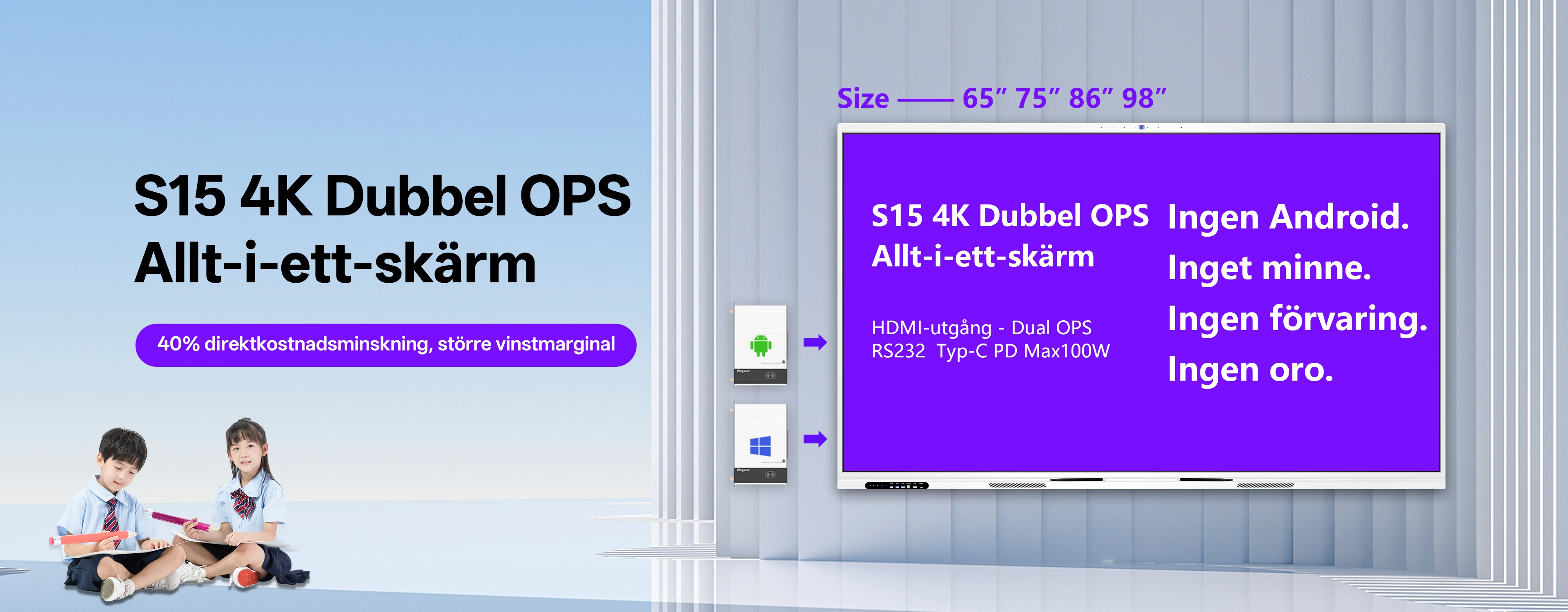 S15 4K Dual OPS &ndash; Pannello Interattivo Flat All-in-One &ndash; Vista Frontale con Doppi Slot OPS e Porte Type-C