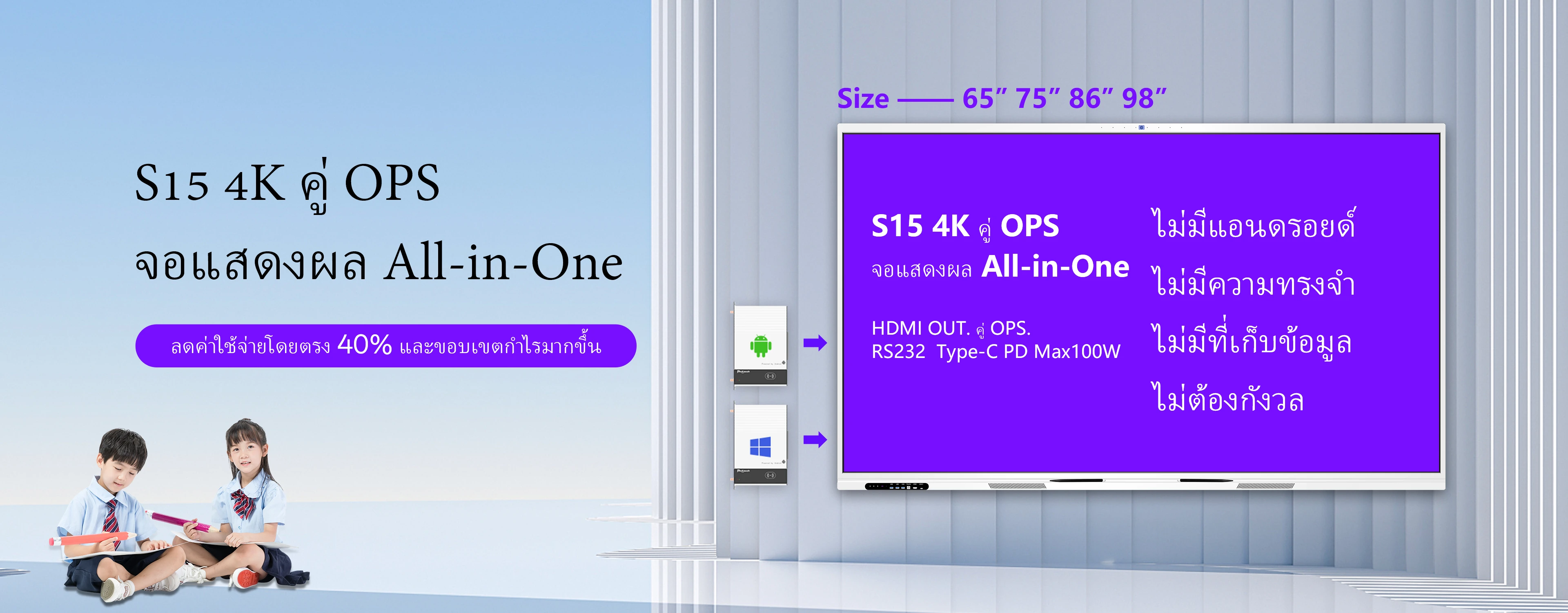 S15 4K Dual OPS จอสัมผัสแบบ All-in-One มุมมองด้านหน้า พร้อมช่องเสียบ OPS คู่และพอร์ต Type-C