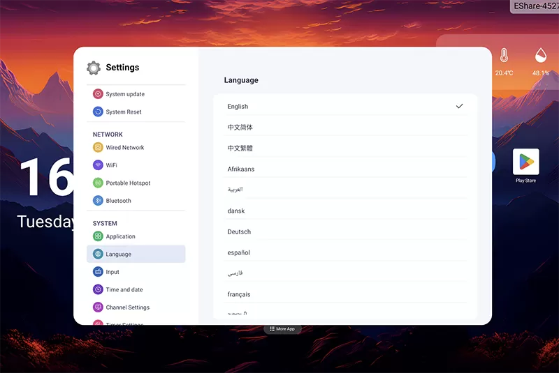 Language settings interface for B2B software