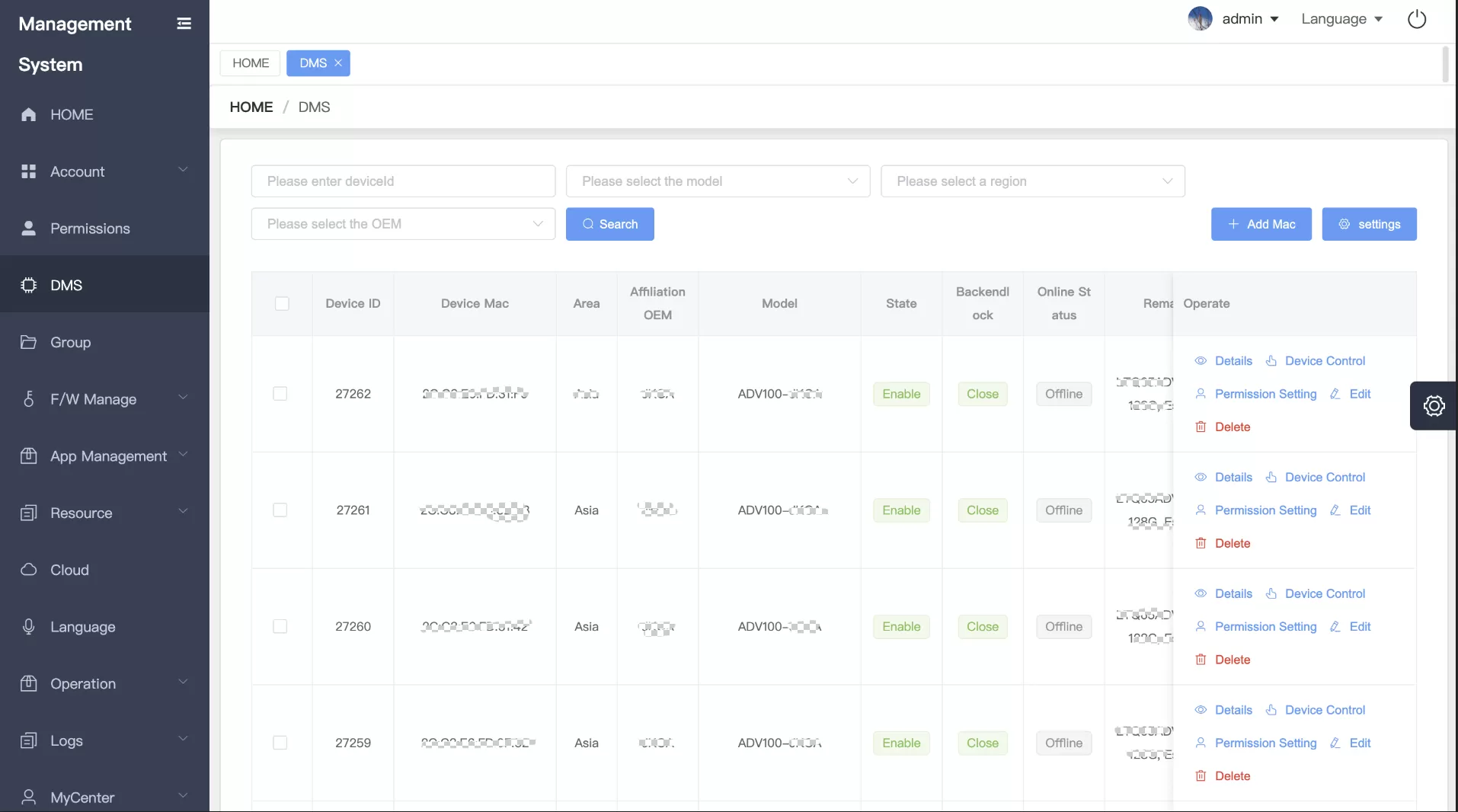 DMS: Simple device management system dashboard interface