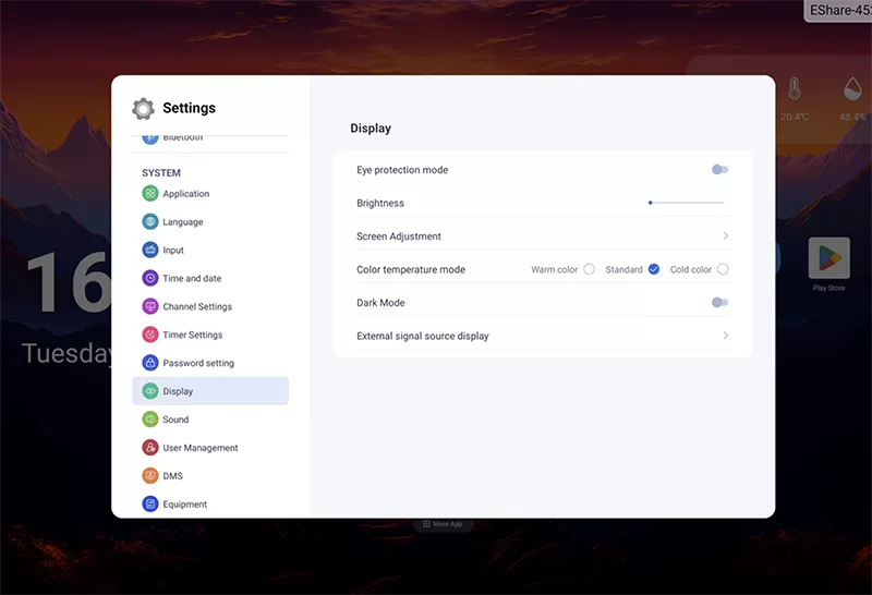 B2B dashboard display settings interface